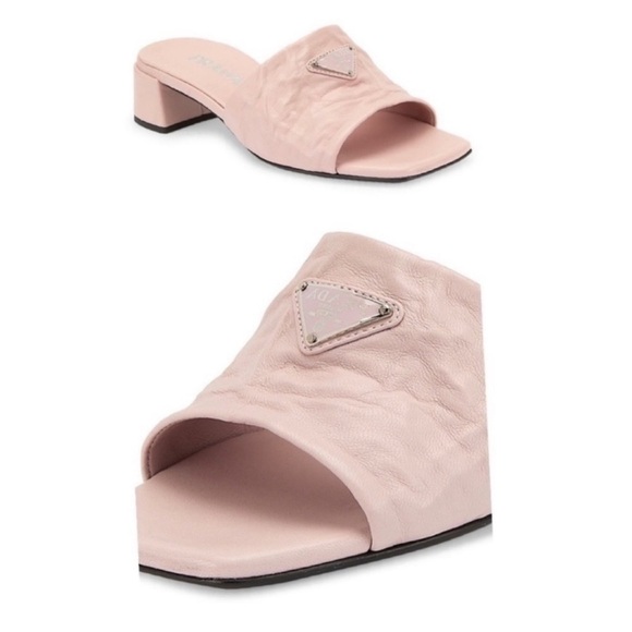 Prada Crinkled Leather Block-Heel Slip on Logo Mules Sandals size 8 Pink New - Picture 11 of 14